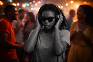 an image of a female at a party with headset and sun glasses, everyone in colour, them in greyscale, capturing the internal disconnection from the environment mid-overload.