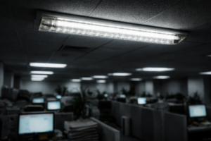 An image of a fluorescent light flickering above a row of office desks, shot from below