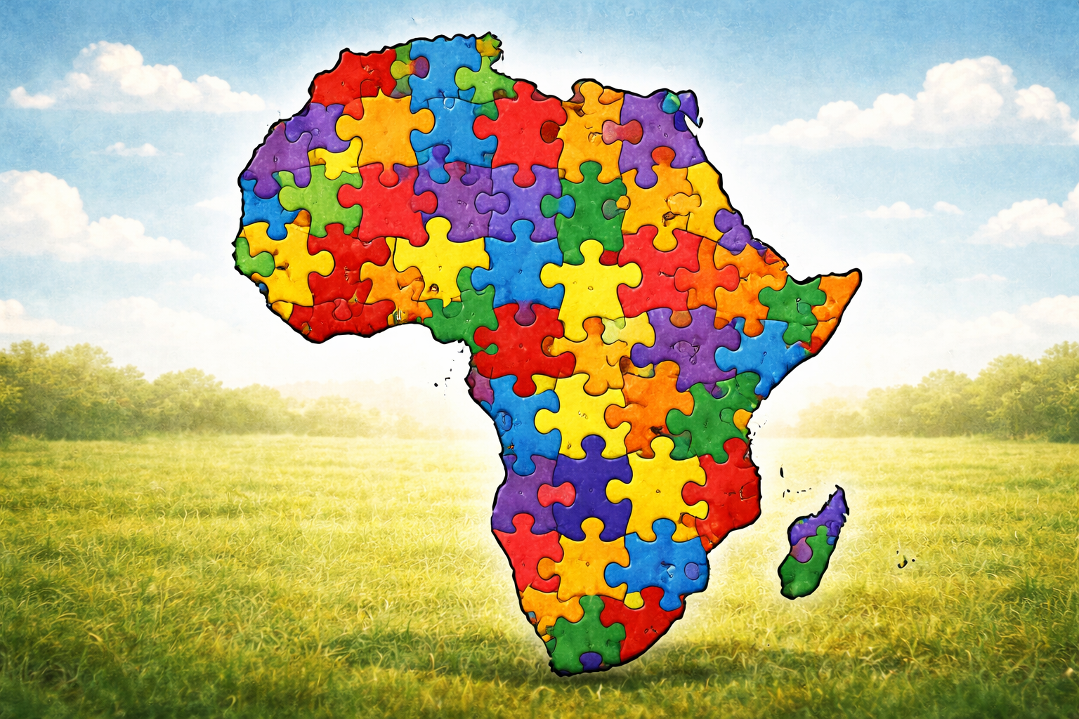 An image of the African map filled with colorful puzzle pieces (a global autism symbol) representing diversity and neurodiversity