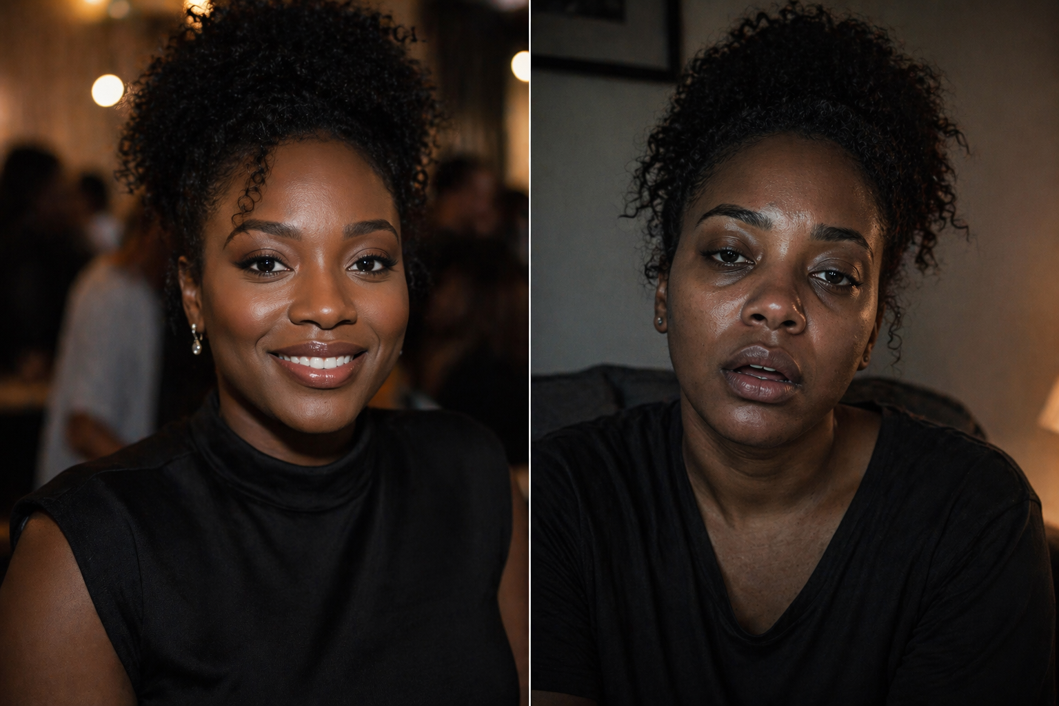 a split-screen portrait of a black woman: on the left, a face socially composed and smiling; on the right, the same face alone, exhausted, jaw slack