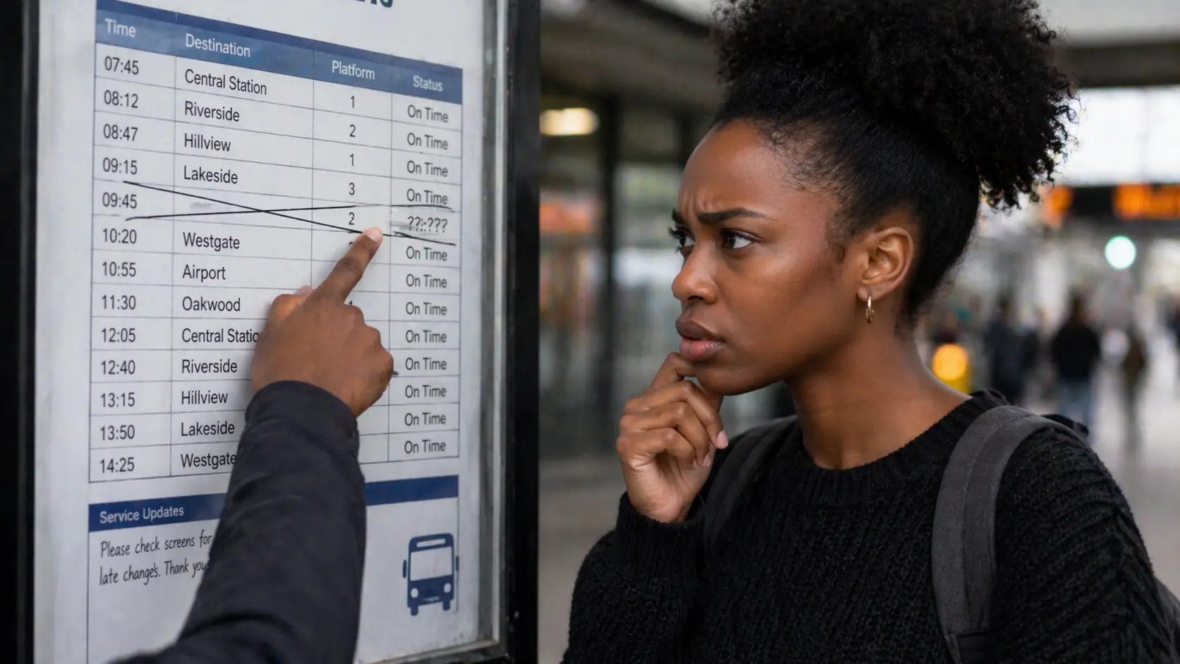 A black female young adult reading a timetable or schedule board that's been altered, a hand pointing at a crossed-out time, replaced by something illegible. The look of someone recalculating everything.