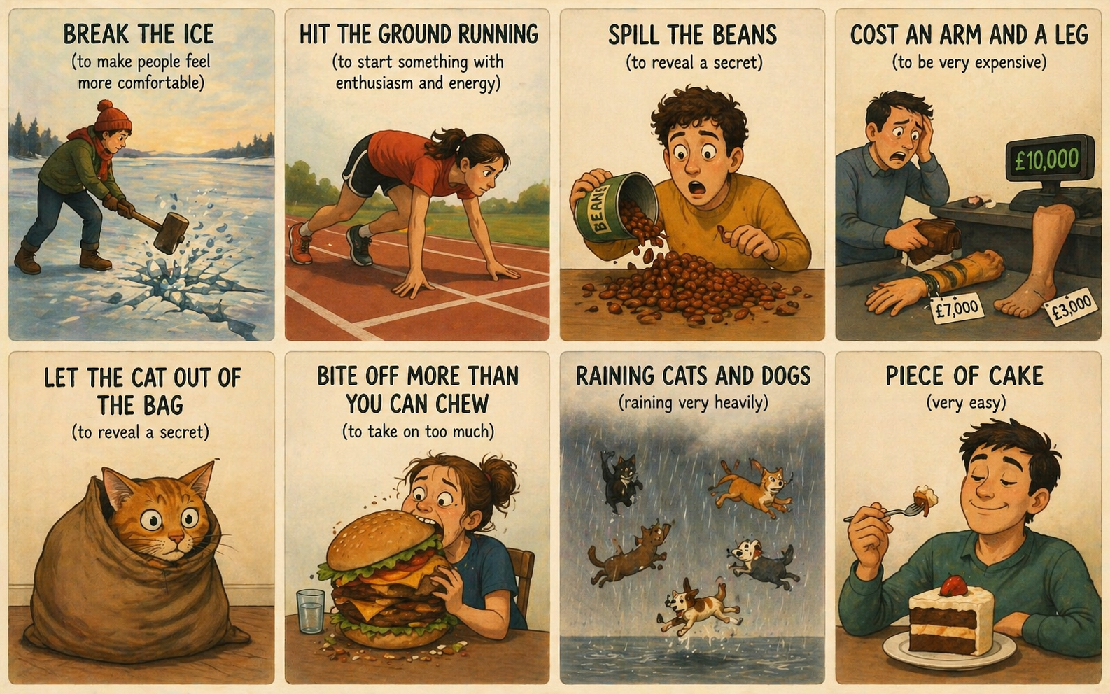 An image of a series of idioms illustrated literally — "break the ice" showing someone literally breaking ice, "hit the ground running" showing someone literally sprinting from a landing position.