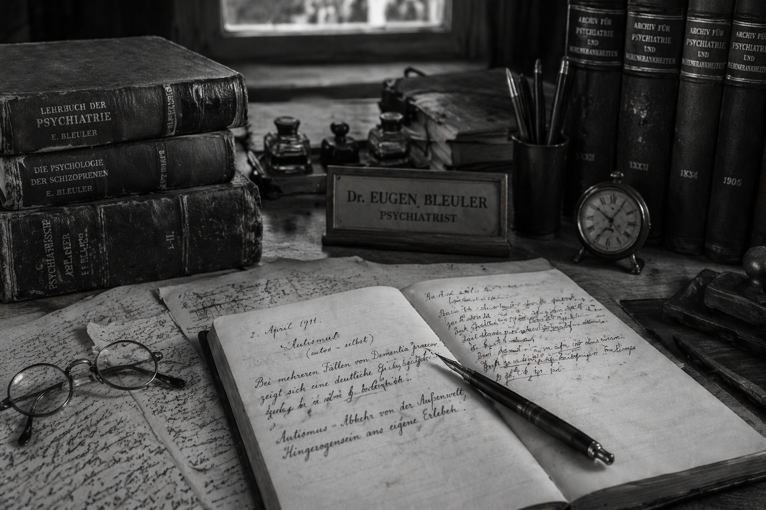 An image of a vintage black-and-white photograph of a psychiatrist's desk, evoking the early 20th-century medical world in which the term "autism" was first coined.