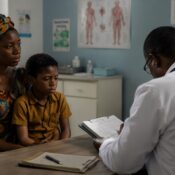 An image of a black African parent and child sitting across from a doctor, the doctor turned away reviewing notes rather than making eye contact