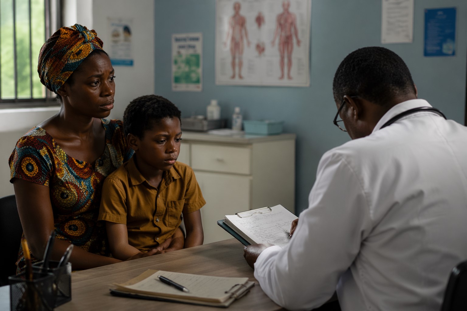 An image of a black African parent and child sitting across from a doctor, the doctor turned away reviewing notes rather than making eye contact
