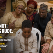 a black child (boy) avoiding eye contact while elders speak at a gathering, with judgmental expressions from relatives in the background.