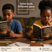 Two black children reading the same book but separately at different speeds. Neurodiversity.