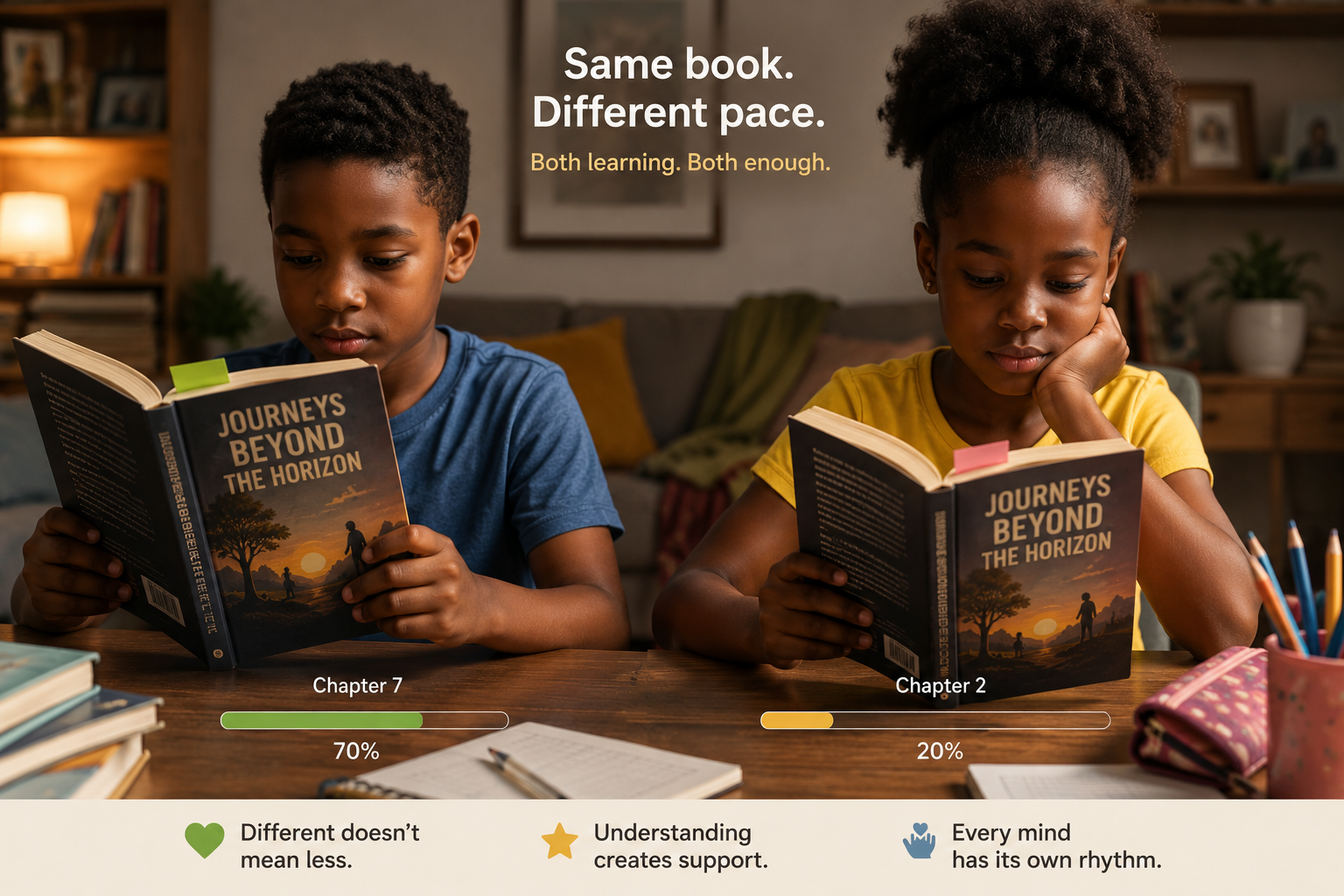 Two black children reading the same book but separately at different speeds. Neurodiversity.