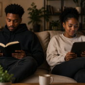 An image of two young black people ( a man and a woman) sitting side by side on a sofa, not talking, both relaxed — not distant, not disconnected. Just comfortable in shared silence.