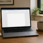 an image of an open laptop with a blank document, cursor blinking, coffee cooling beside it. An image depicting autistic inertia, showing a task not started.