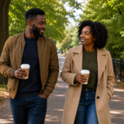 Couple enjoying a quiet walking date in a park. First date ideas for adults with autism.