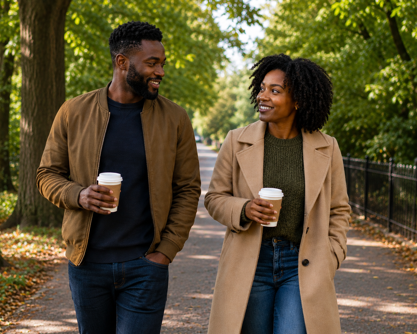 Couple enjoying a quiet walking date in a park. First date ideas for adults with autism.
