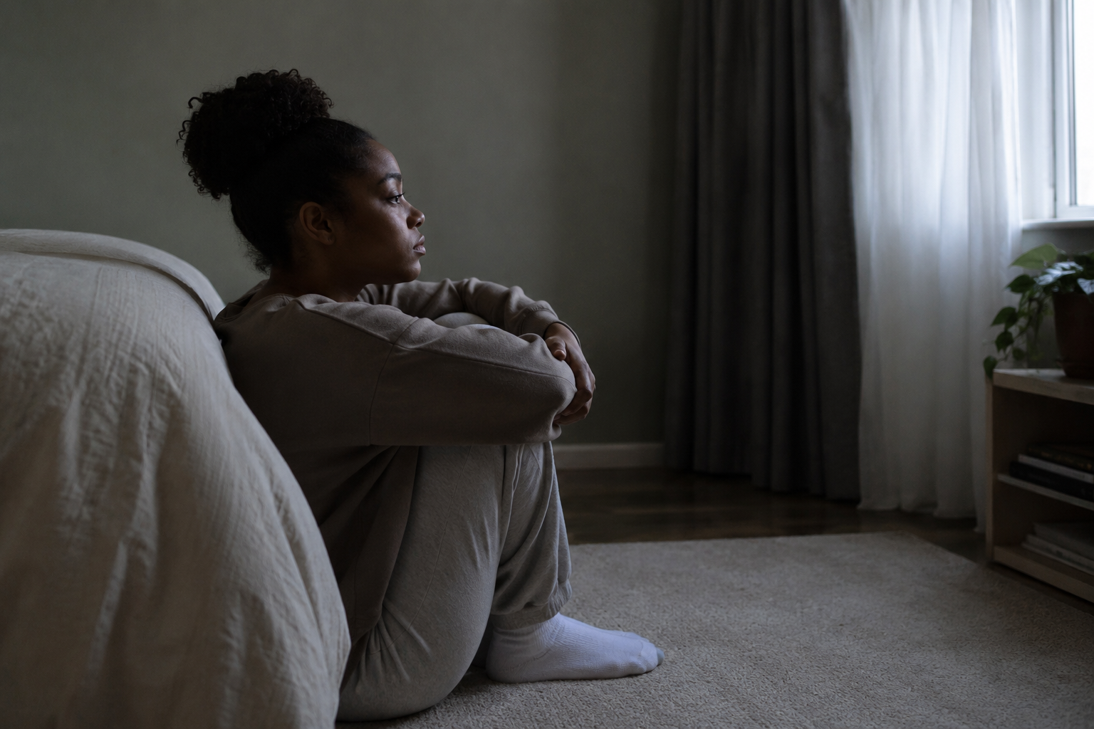 a black female adult sitting alone in a quiet room, showing depression in autistic people