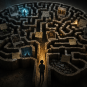 n image of a maze shaped like a human brain with scattered memories, showing the working memory and long-term memory in autism