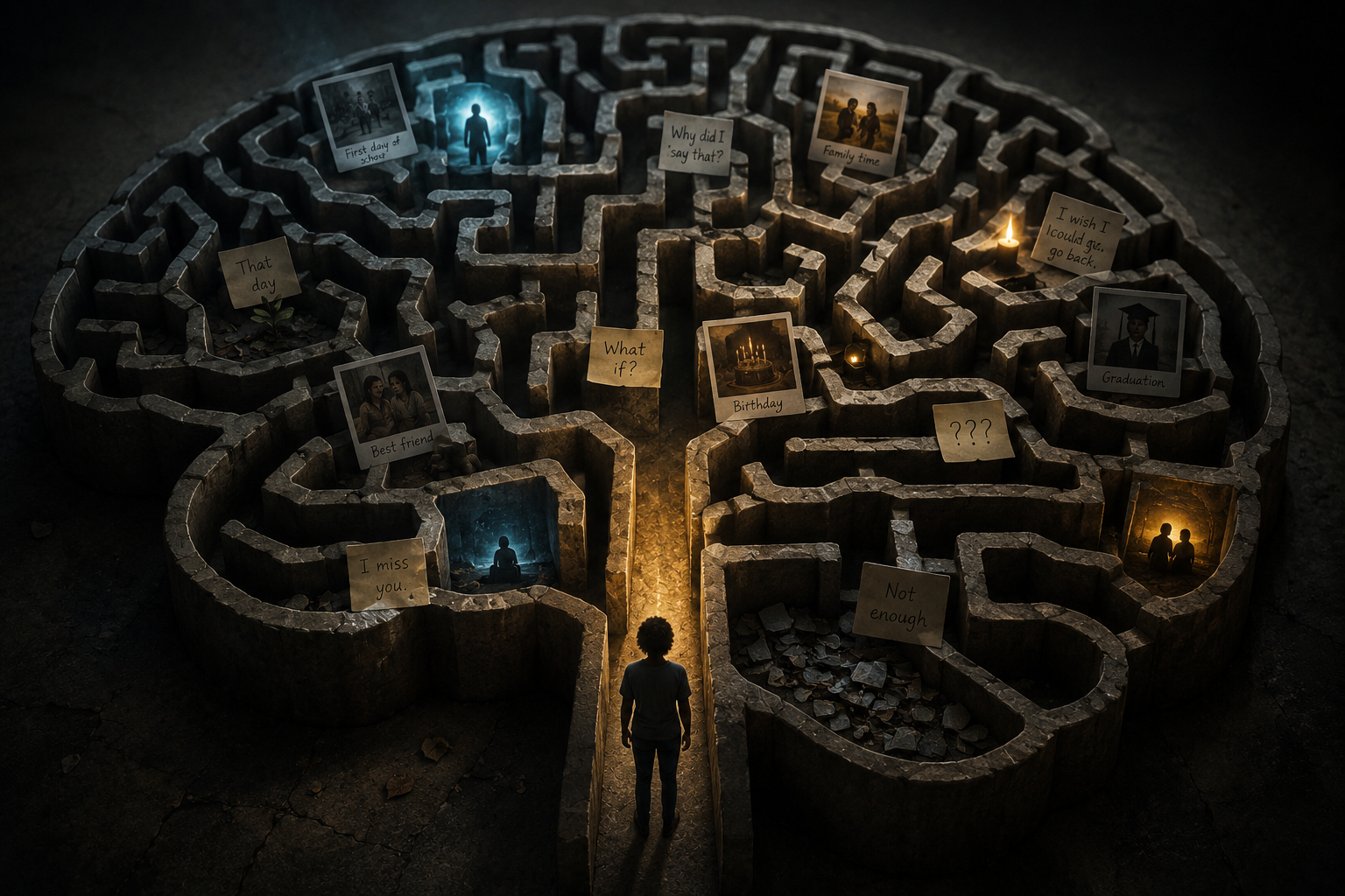 n image of a maze shaped like a human brain with scattered memories, showing the working memory and long-term memory in autism
