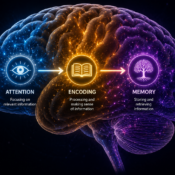 An image of a brain with three illuminated stages labelled Attention → Encoding → Memory, showing how attention creates memory in an autistic memory