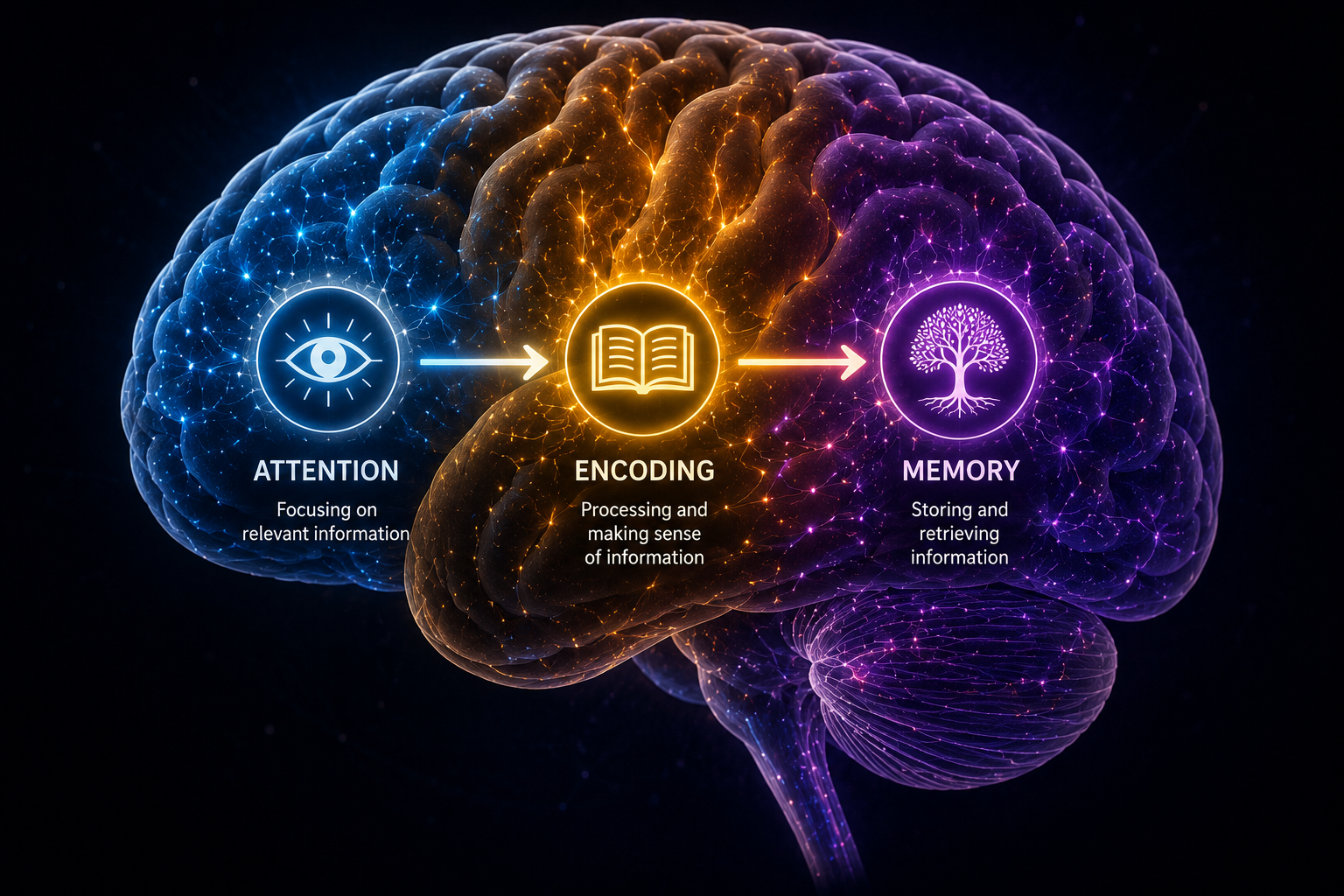 An image of a brain with three illuminated stages labelled Attention → Encoding → Memory, showing how attention creates memory in an autistic memory