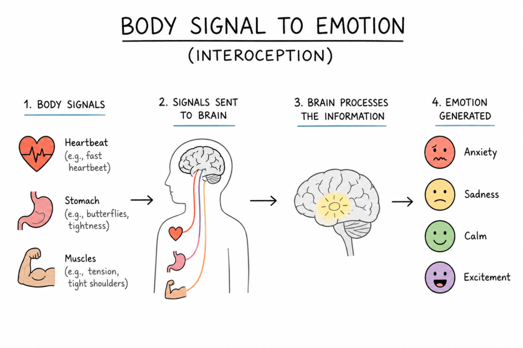 an image of la simpleine-art diagram of the "body signal to emotion" pathway (interoception) with icons for heartbeat, stomach, muscles, showng introception