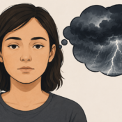 a close-up illustration of a calm, neutral face paired with a thought bubble showing a storm, showing autism and emotions and alexithymia