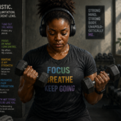 A black autistic female adult on a headset holding two dumbbells, working out.