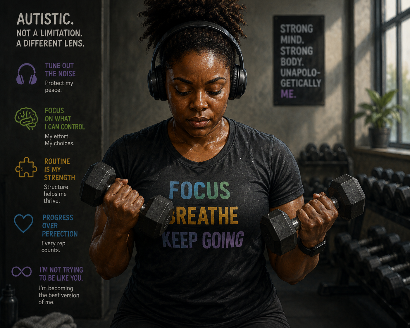 A black autistic female adult on a headset holding two dumbbells, working out.