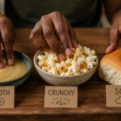 A close-up image of hands exploring different food textures (smooth, crunchy, soft), depicting picky eating in autism