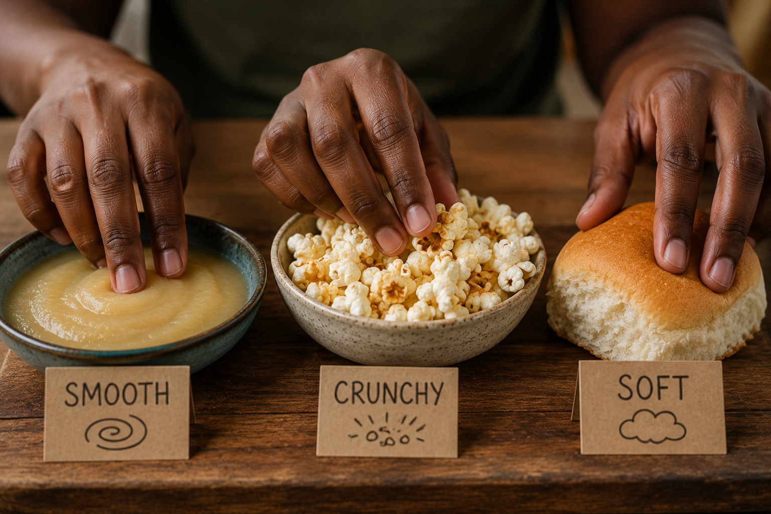 A close-up image of hands exploring different food textures (smooth, crunchy, soft), depicting picky eating in autism