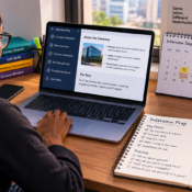 an image of a candidate reviewing interview information on a laptop before an interview, with a calendar and structured notes nearby, depicting autism-inclusive workplaces in Nigeria