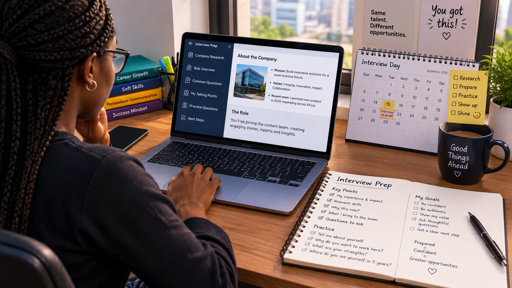 an image of a candidate reviewing interview information on a laptop before an interview, with a calendar and structured notes nearby, depicting autism-inclusive workplaces in Nigeria