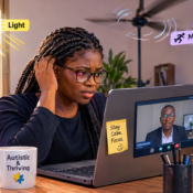 An autistic Nigerian professional participating in a video interview while dealing with visually represented sensory distractions such as light, noise and movement.