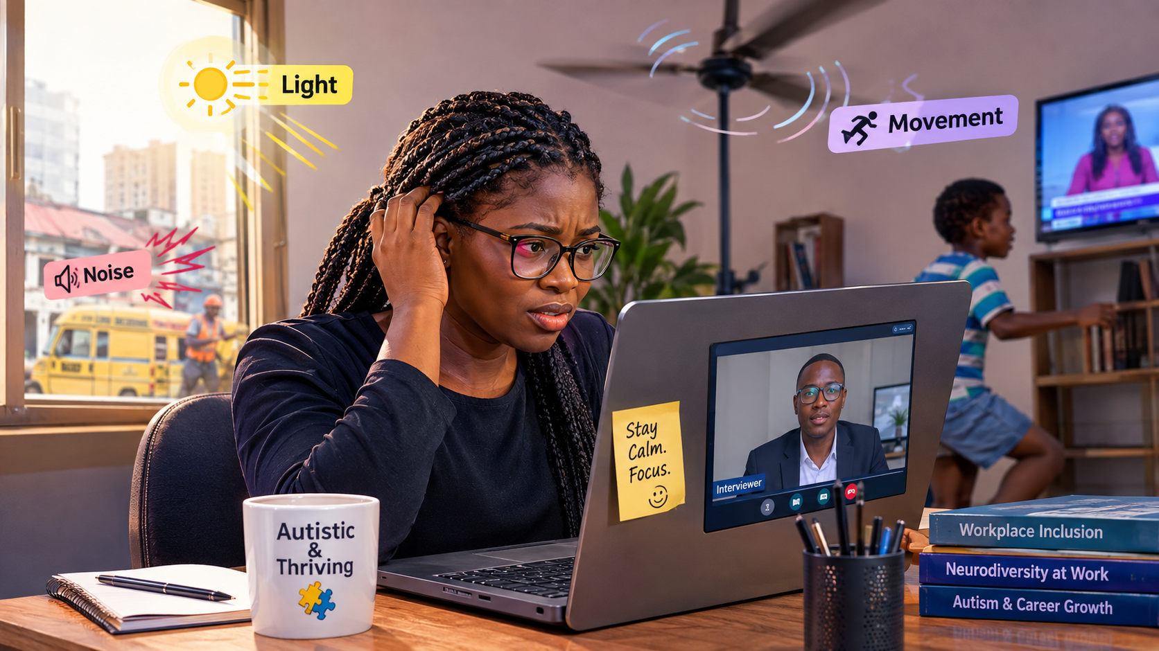 An autistic Nigerian professional participating in a video interview while dealing with visually represented sensory distractions such as light, noise and movement.