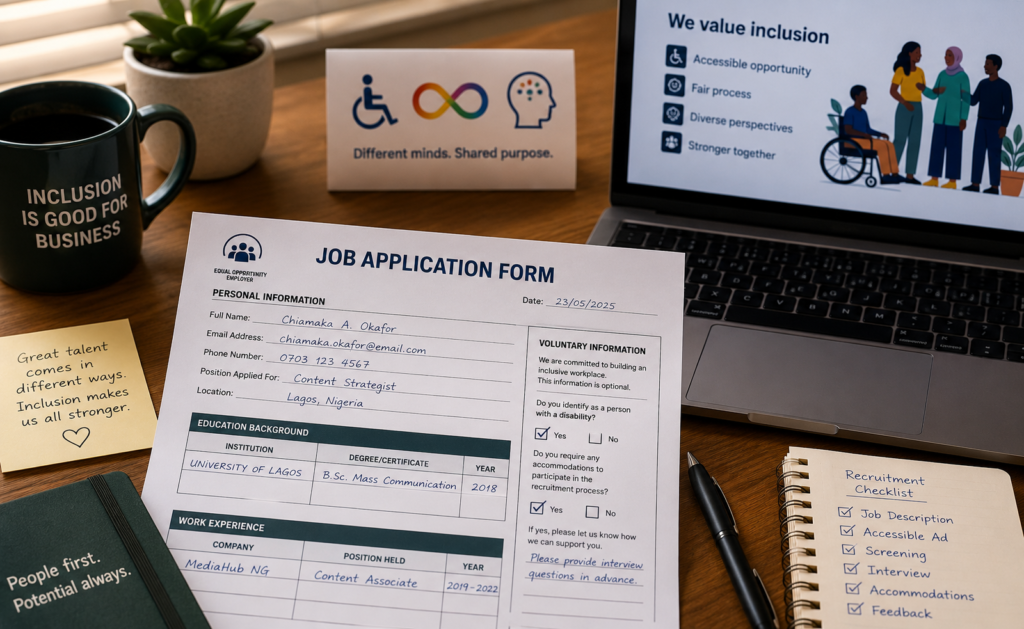 A job application beside a laptop, with accessibility and inclusion represented