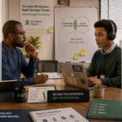 Nigerian recruiter and autistic candidate in an interview, with the image subtly contrasting conventional interview expectations with actual job competence. This shows autism employment barriers in Nigeria