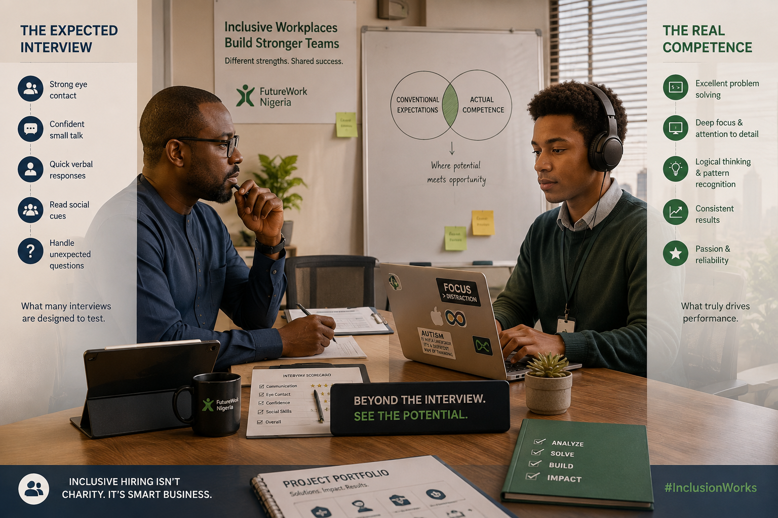 Nigerian recruiter and autistic candidate in an interview, with the image subtly contrasting conventional interview expectations with actual job competence. This shows autism employment barriers in Nigeria
